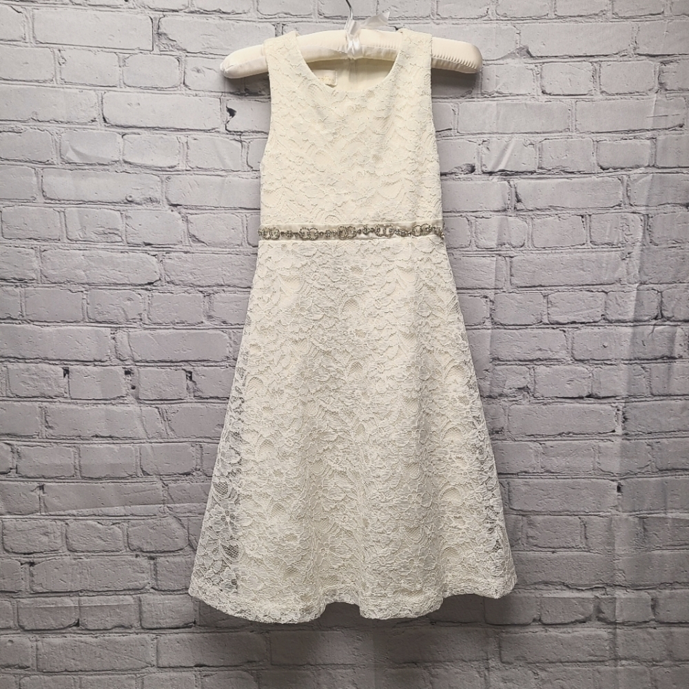 Girls Lace Dress with attached Silk and Crystal Belt, Wedding, Pageant, Formal